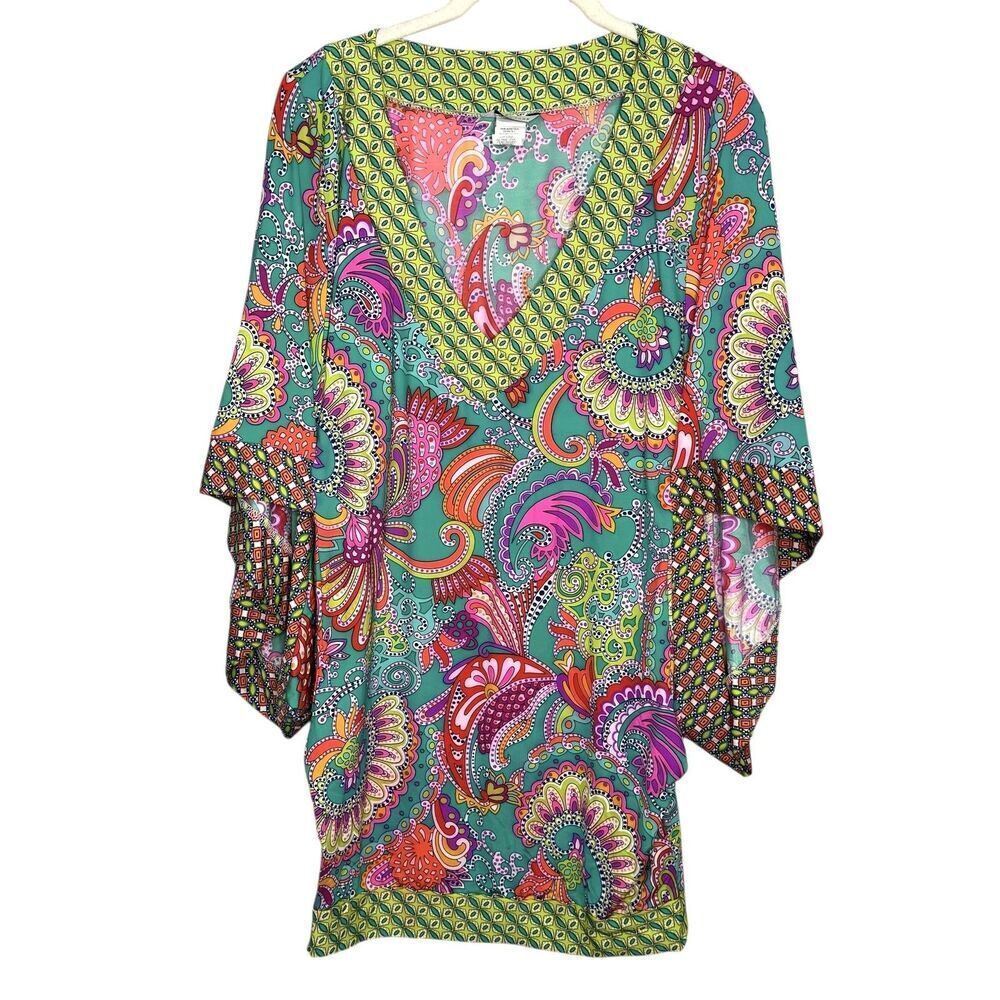 Trina Turk Tunic Top Womens Medium Multicolor Paisley Kimono Sleeve Boho V Neck - Picture 3 of 8